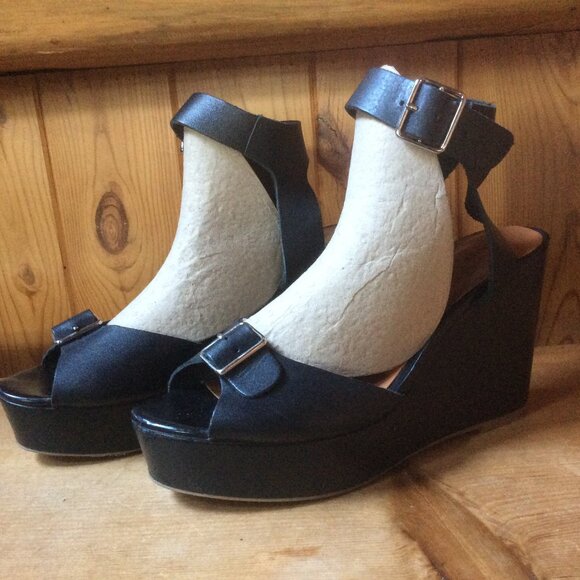 Gap Black Platform Wedge Fairy Grunge Ankle Buckle Open Toe Heels Size 10/EU 41 - Picture 1 of 9